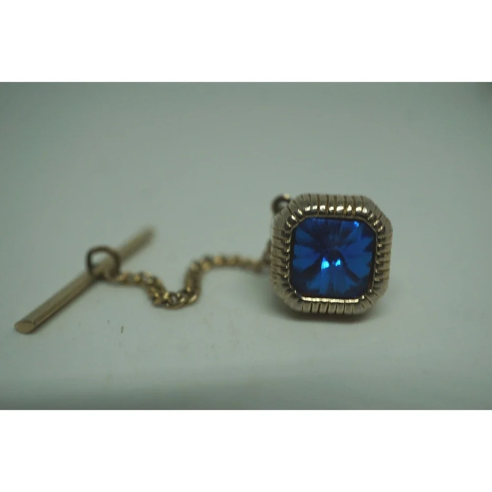 Swank Vintage Mens Tie Tack Gold Tone Blue Crystal Square Stone with Chain Bar
